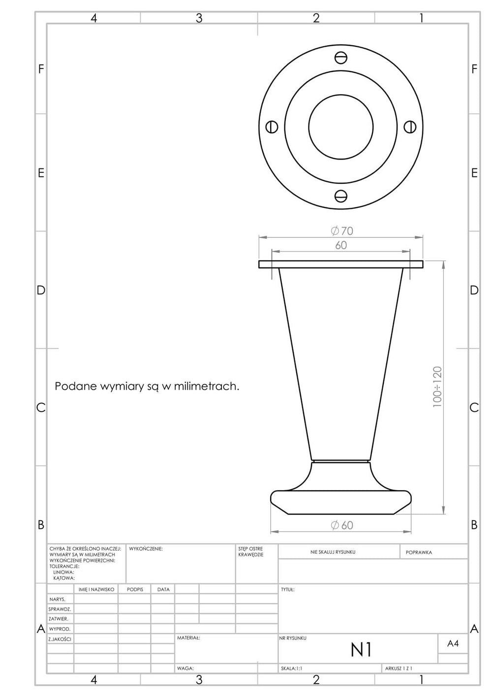 Nóżka meblowa N1 (mosiądz patynowany) - z regulacją (+20mm)