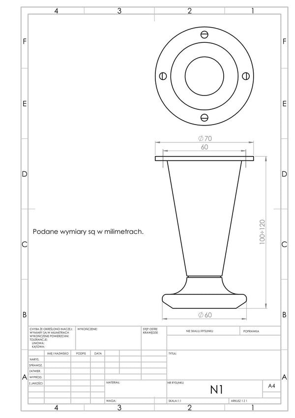 Nóżka meblowa N1 (mosiądz patynowany) - z regulacją (+20mm)