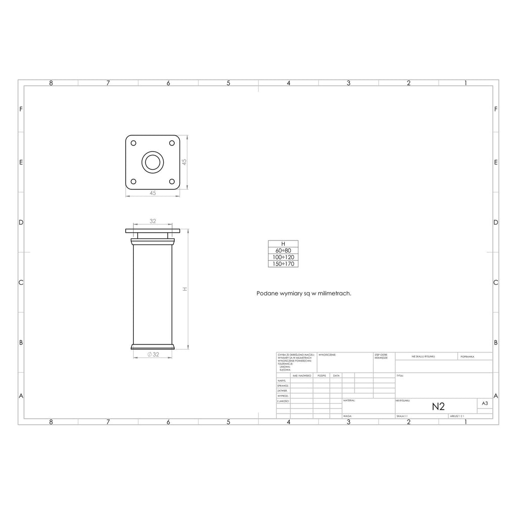 Nóżka meblowa N2 (biała) - z regulacją (+20mm) fi 32mm