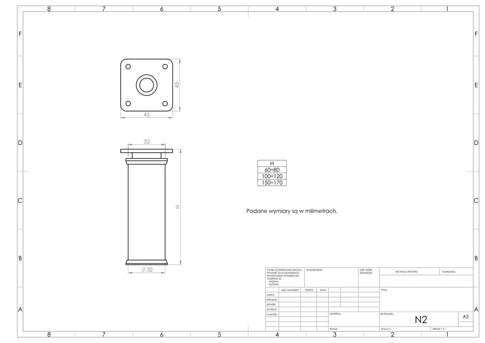 Nóżka meblowa N2 (mosiądz patynowany) - z regulacją (+20mm) fi 32mm