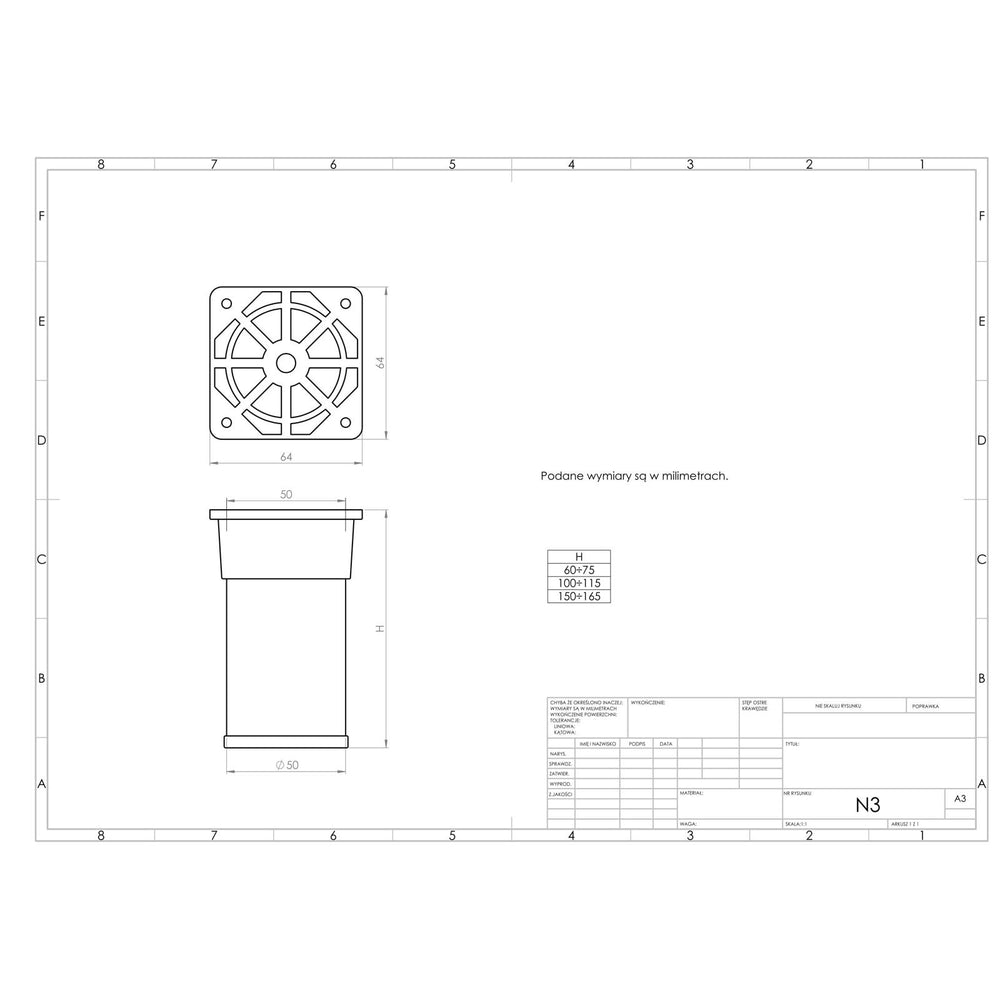 Nóżka meblowa N3 (aluminium) - z regulacją (+15mm) fi 50mm