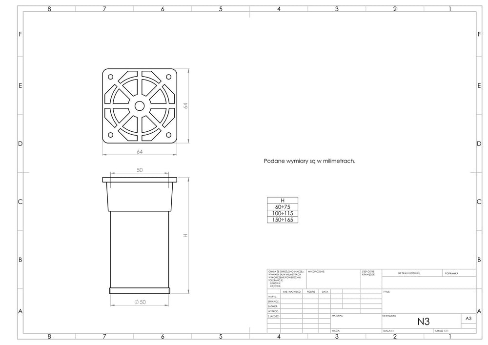Nóżka meblowa N3 (aluminium) - z regulacją (+15mm) fi 50mm