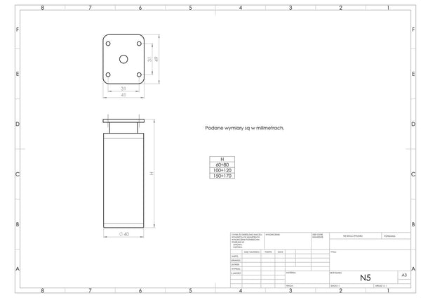 Nóżka meblowa N5 (złoty połysk) - z regulacją (+20mm) fi 40mm